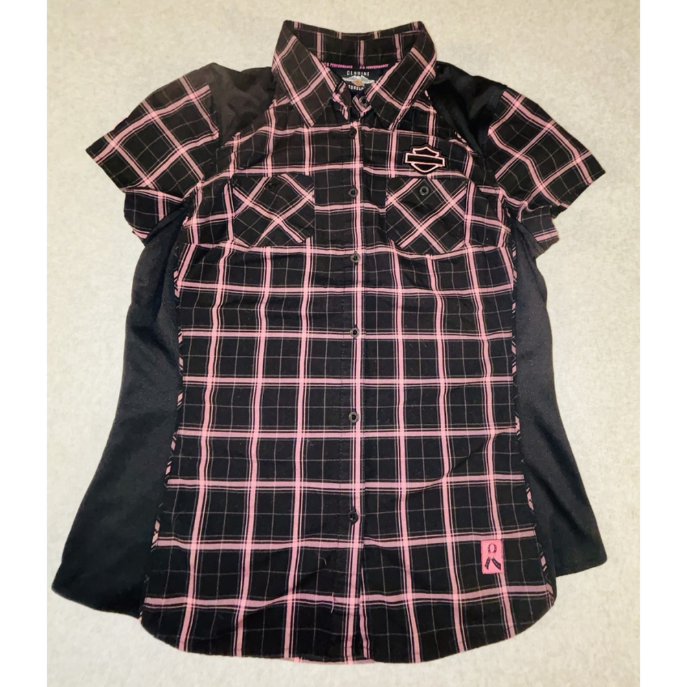 Harley Davidson Womens Plaid Shirt Small Pink Black MotorClothes Bar Shield